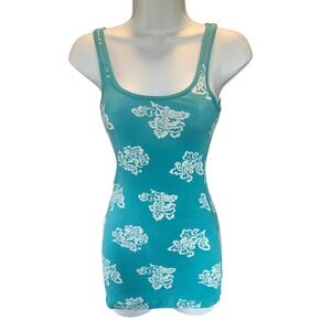 Mossimo Womens Vintage Y2K Graphic Floral Ribbed Tank Top Small‎ Teal Layering